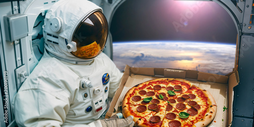 An astronaut in earth orbit holding a box of pizza. An illustration on the topic of delivering food or pizza wherever you go. AI generated photo
