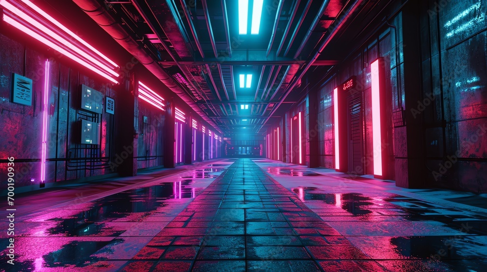 a hallway with pink and blue lights