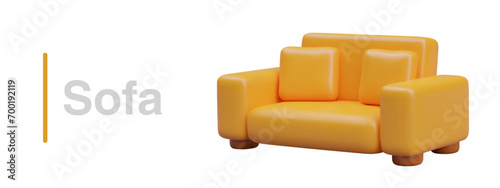 Placard with modern sofa in yellow color with comfortable soft pillows. Comfortable furniture for rest at home concept. Vector illustration in 3d style