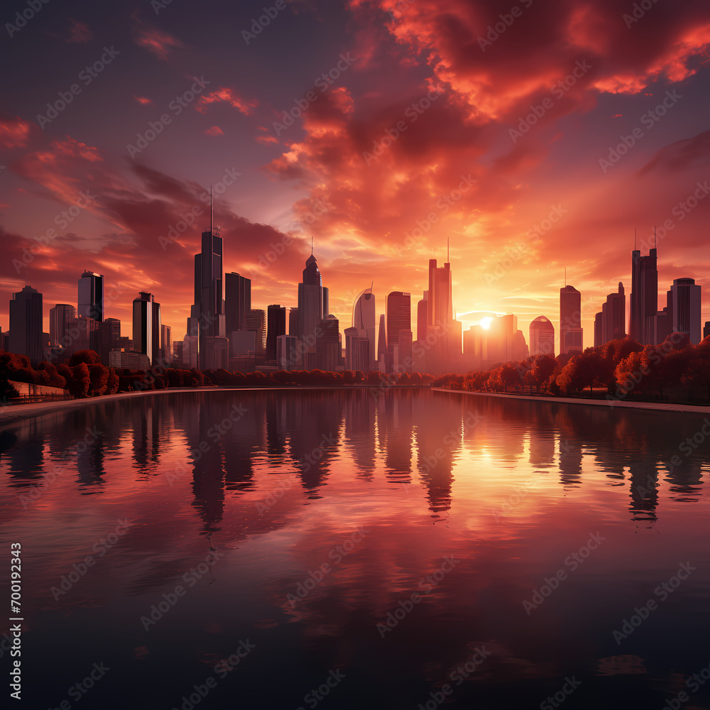 A serene sunset over a city skyline