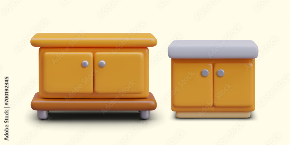 3D bedside table and chest of drawers with doors. Closed kitchen cabinet. Different types of home furniture with table top. Set of vector illustrations on colored background 3D bedside table and chest of drawers with doors. Closed kitchen cabinet. Different types of home furniture with table top. Set of vector illustrations on colored background
