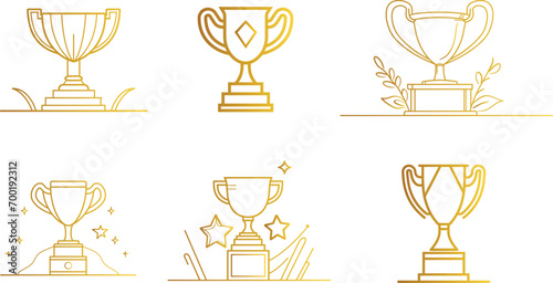 Gold trophy cup set  modern line art illustration vector  winner award  champion prize  achievement cup  victory symbol  first place cup  stylish trophy icon  sports competition   winning concept 