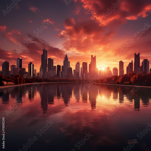 A serene sunset over a city skyline