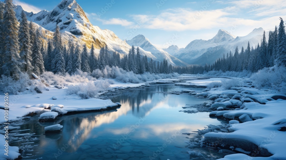 Panorama landscape of mountain river in winter with snow and ice