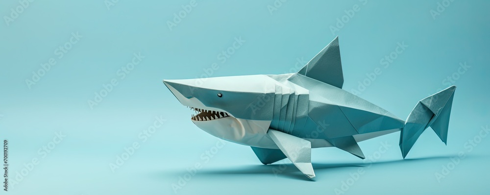 Origami shark isolated on blue background with copy space. Folded paper sculpture Origami shark isolated on blue background with copy space. Folded paper sculpture