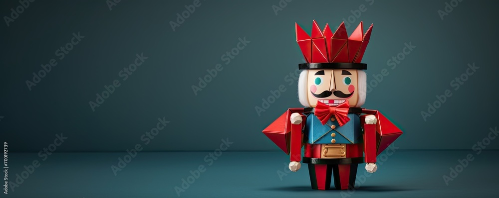 Fototapeta premium Origami nutcracker figurine isolated on dark background. Nutcracker banner with copy space