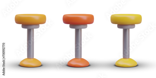 Round high backless chairs, front view. Set of options in different colors. Choice of fabric and leather upholstery. Illustrations for furniture store. Bar stool on metal leg