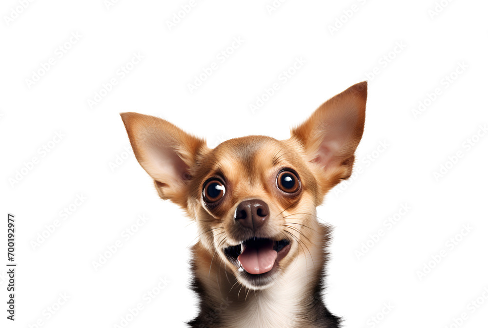 Crazy dog’s close-up reveals big eyes filled with surprise, Isolated on Transparent Background, PNG
