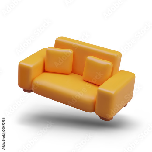 Straight sofa with cushions and soft armrests. View from above. Upholstered 3D furniture for living room, bedroom. Concept of comfort home. Advertising template for online store