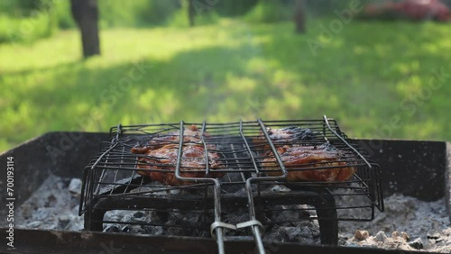 Roasted chicken thigh. Grilled meat. Food for barbecue party. Cooking outdoors barbecue