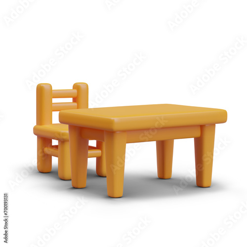 Realistic wooden table and chair in cartoon style. Concept of furniture for children in orange colors. Model for online store. Vector illustration in 3d style with shadow