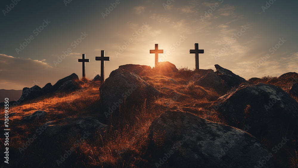 three crosses on top of hill with the sun gleaming behind them Generative AI - obrazy, fototapety, plakaty 