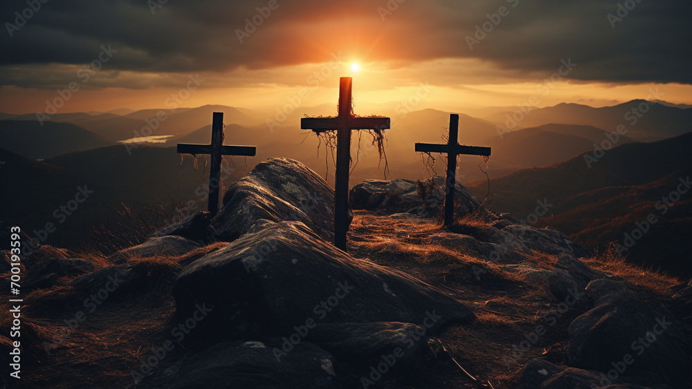 three crosses on top of hill with the sun gleaming behind them Generative AI - obrazy, fototapety, plakaty 