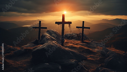 Fotografiet three crosses on top of hill with the sun gleaming behind them Generative AI
