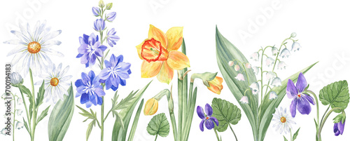 Floral border of the spring flowers painted with watercolors - daffodils, lily of the valley, daisy, larkspur and violets. For cards, invitations, packaging, and more! photo