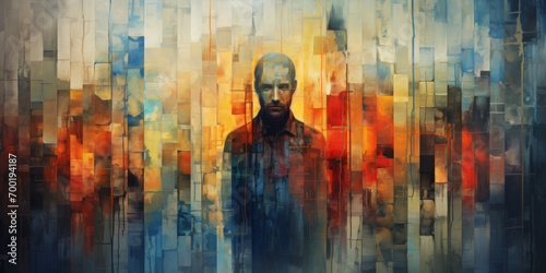 Painting of a man with a beard, portraying an abstract painting of a man on fire, resembling disco elysium artwork and creating a dynamic and fiery composition.