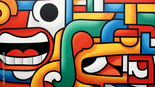 Close-up of a painting on a wall, portraying toyism, bold graphic graffiti, creating a vibrant and dynamic composition. photo