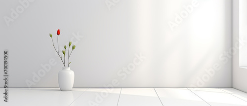 White vase with three red flowers in it, creating a minimalistic background and a simple yet elegant composition. photo