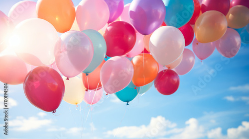 Bunch of balloons floating in the air, creating a festive and celebratory composition with vibrant and colorful party balloons. photo