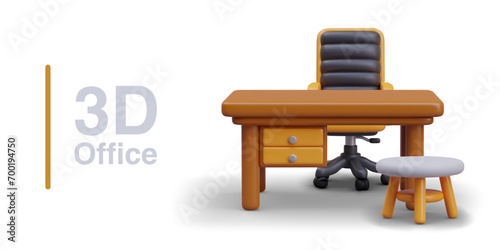 Realistic table, office chair, and small tea table. Composition with modern comfortable furniture for online store. Vector illustration in 3d style on white background