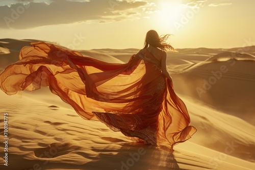 High-fashion desert nomad woman, in flowing fabrics, amidst sand dunes under a scorching sun photo