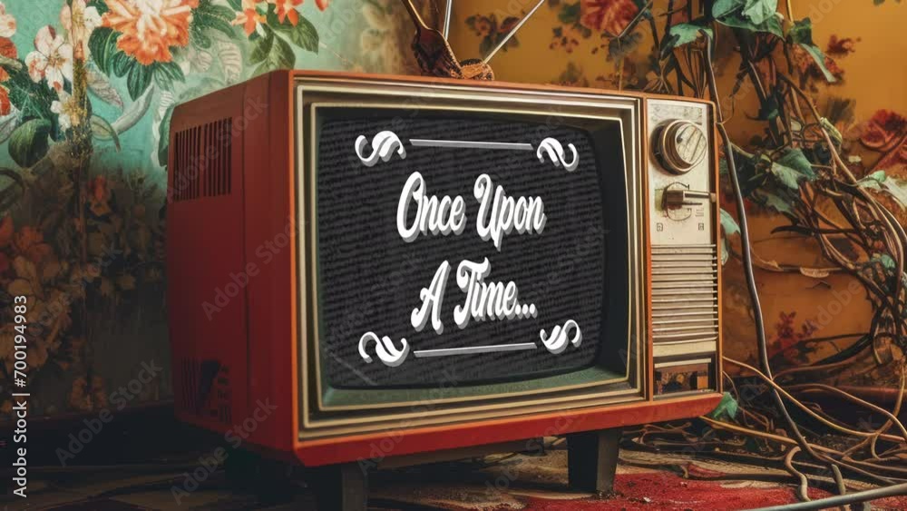 Vintage and retro television in an old ruined room with peeling floral wallpaper. once upon a time on screen