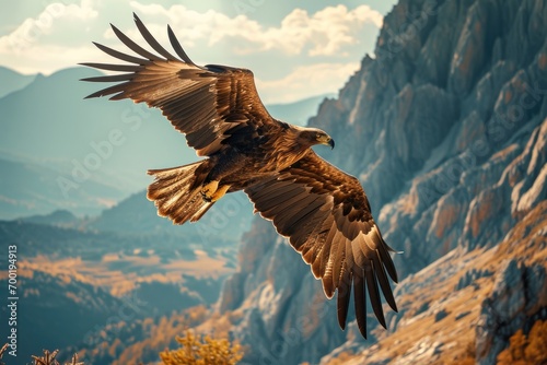 Majestic eagle soaring over a rugged mountain landscape, symbolizing freedom.