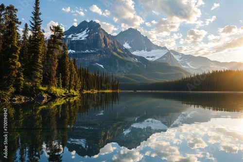 Majestic mountain range with a reflective lake at sunrise. © furyon