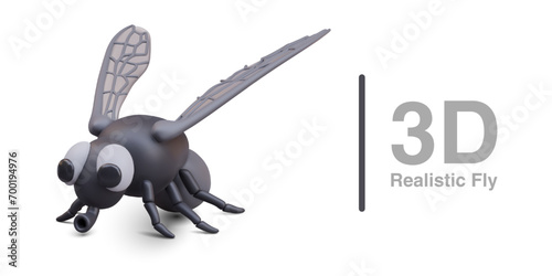 Realistic black fly with textured wings. Vector insect on white background. Housefly, side view. Isolated illustration for insecticide business advertising