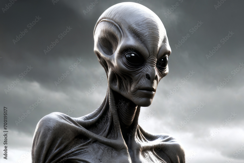 Gray skinny tall scary humanoid alien with black eyes, generated by AI