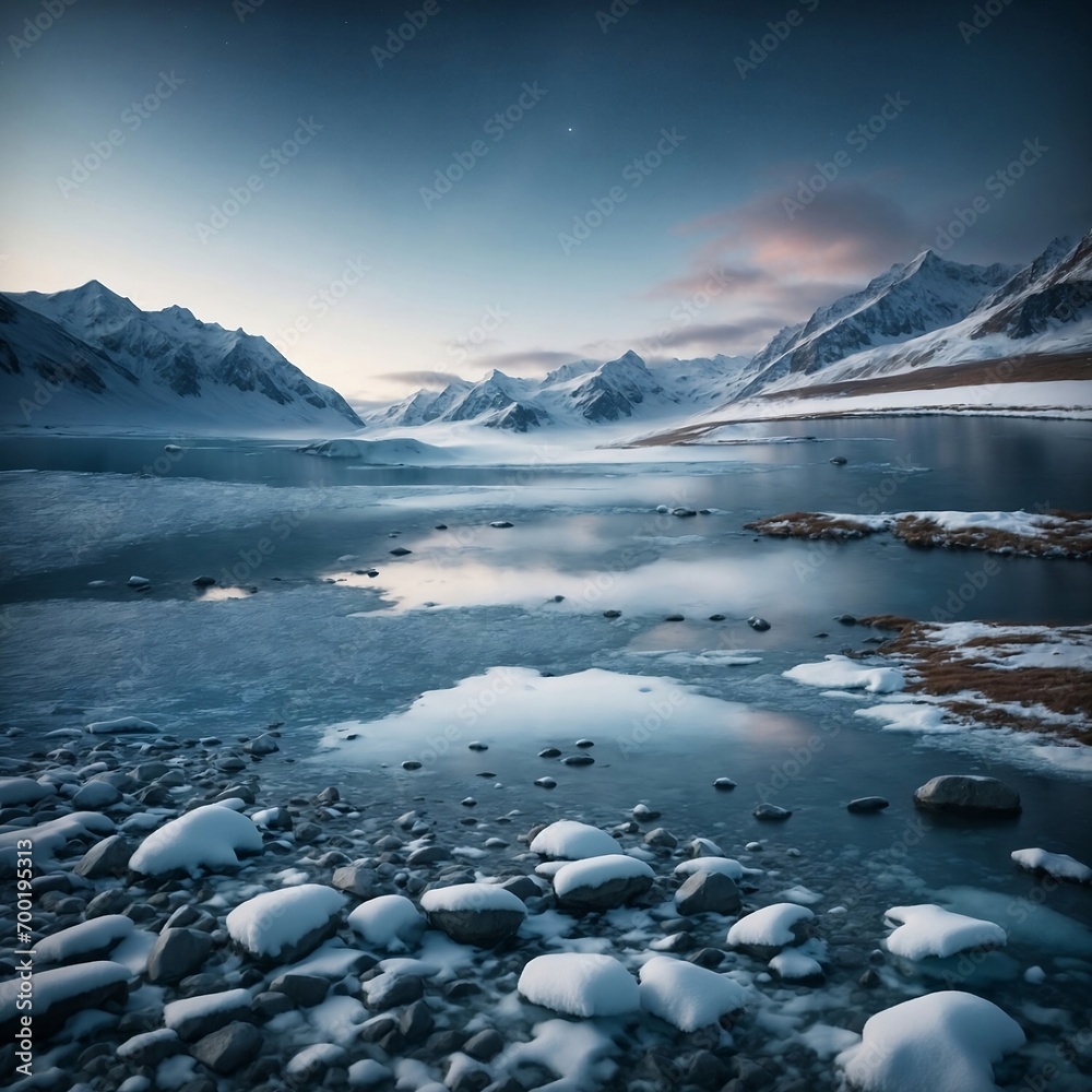 A stunning winter landscape featuring a frozen lake, snow-capped mountains, and a clear, star-filled sky. A stunning winter landscape featuring a frozen lake, snow-capped mountains, and a clear, star-filled sky.