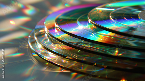 Close-up image of a stack of glowing CDs