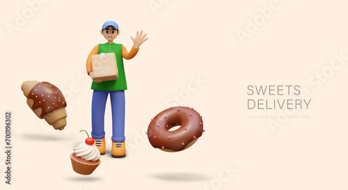 Young male holding box and going to delivery. Concept of sweets delivery. Poster with worker, croissant, donut, muffin with white cream. Vector illustration in 3d style with warm background