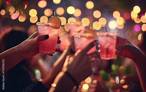 people hold up glasses of drinks with blurred background, pink cocktail, people cheering, cheers, spending a moment together with friends, party, happy moment, nightclub, restaurant, cheering, family 