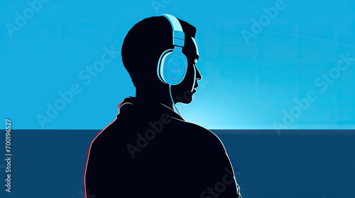 a man in silhouette listening to music with headphones, in the style of graffiti.