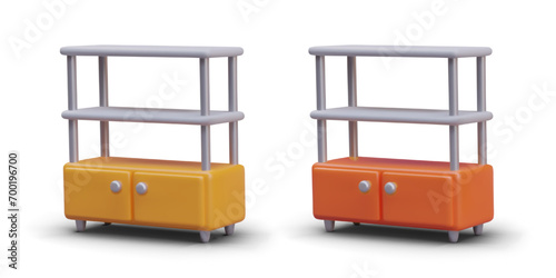 Side view on set of orange and yellow wardrobe on white background. Composition with shelf for online shop. Vector illustration in 3d style with shadow