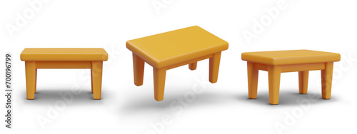 Realistic yellow table. Set of models at different angles. Vector templates on white background. Furniture for dining, living room, kitchen, catering establishments