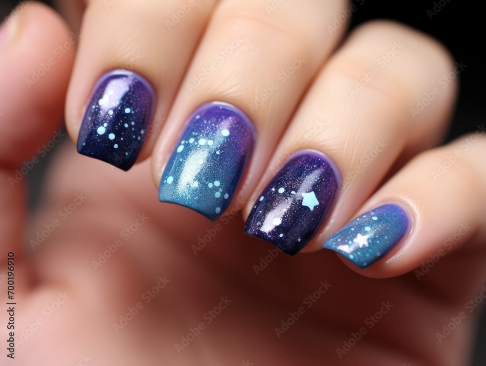 Beautiful manicure. Long almond shaped nails. Nail design. Manicure with gel polish. Close-up of the hands of a young woman with a gentle manicure on her nails. Bright nails with gel polish.