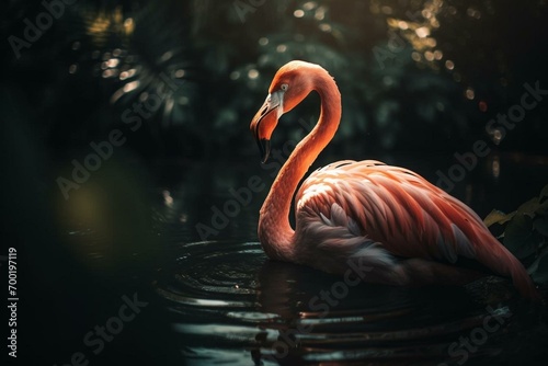 A close up of a beautiful flamingo, surrounded by a shallow lake and lush greenery, with a dramatic sky in the background. generative ai © Gabriela