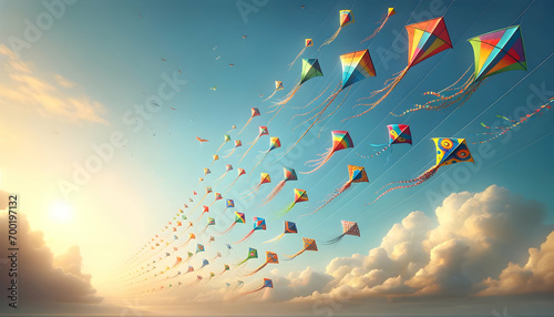 Colorful flying kites at sky.