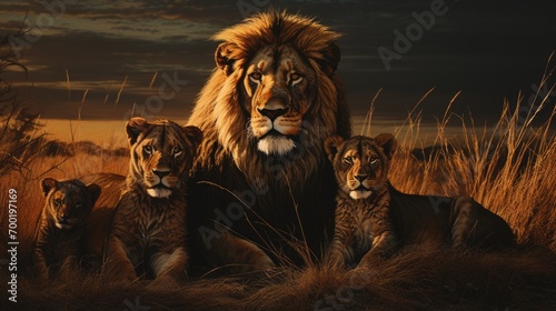 Closeup portrait of lion pride family in african savanna with adults and young