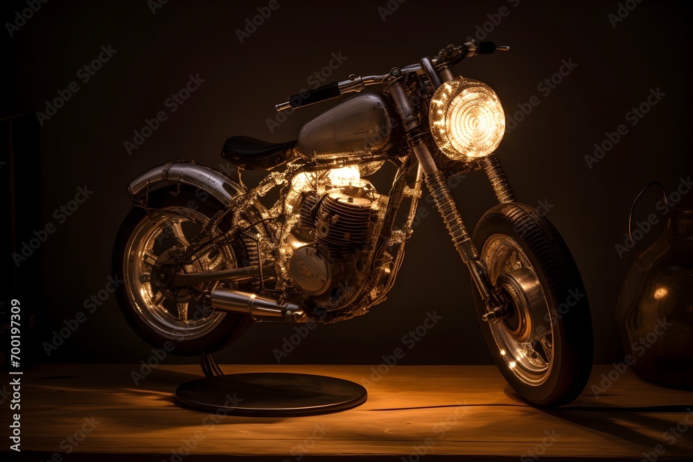 table lamp made out of motorbike spare parts on a dark background