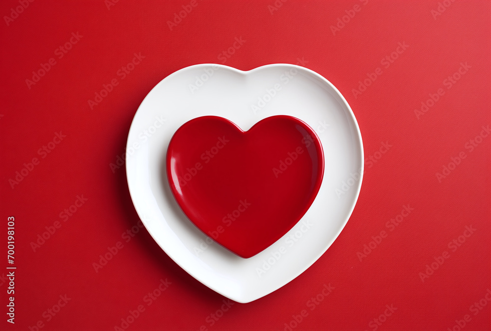 A white and a red heart shaped plate on a red background A white and a red heart shaped plate on a red background