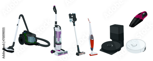 Vacuum cleaner types, vertical and robot vacuum cleaner, robot vacuum cleaner station. Broom set.