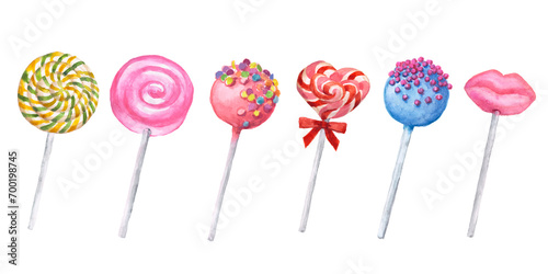 Haned painted watercolor illustration of colorful  lollipops ,lollipop with sprinkles, bonbon, candies, watercolor illustration	 photo