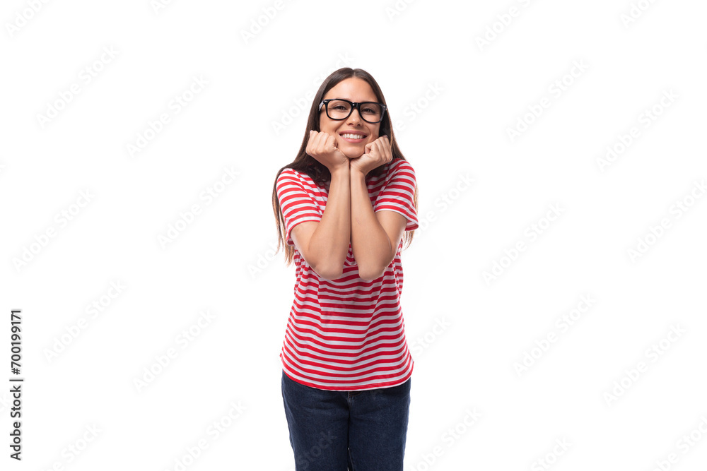 portrait of a young well-groomed european woman with straight black hair in glasses on a white background with copy space