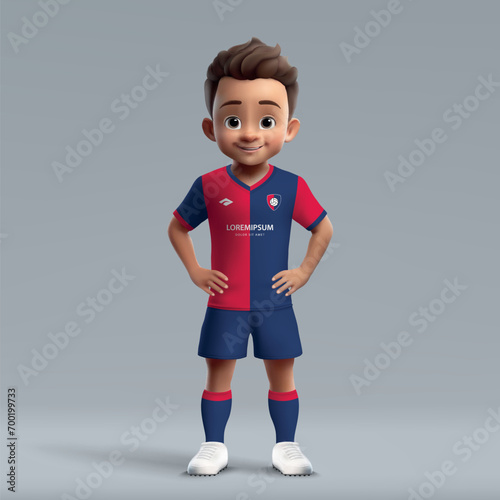 3d cartoon cute young soccer player in Genoa football uniform.