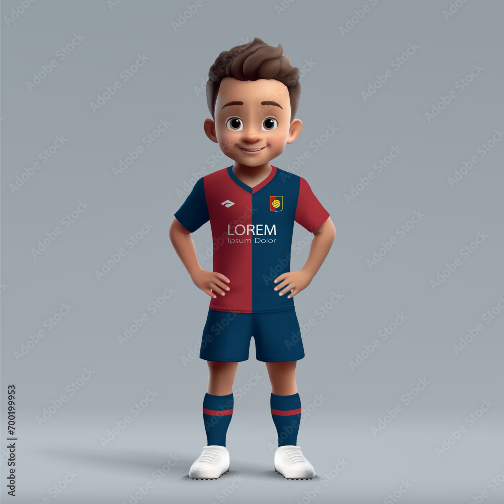 3d cartoon cute young soccer player in Genoa football uniform. 3d cartoon cute young soccer player in Genoa football uniform.