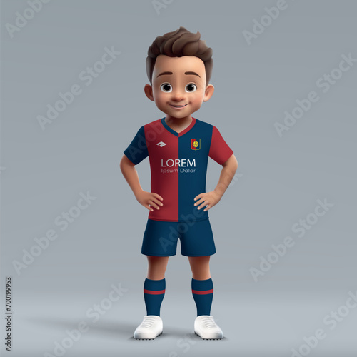 3d cartoon cute young soccer player in Genoa football uniform.