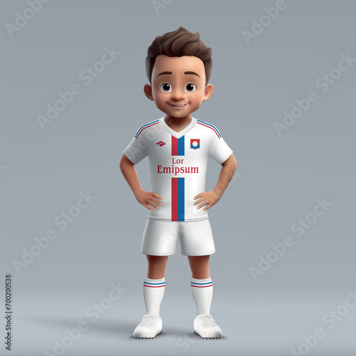 3d cartoon cute young soccer player in Lyon football uniform.